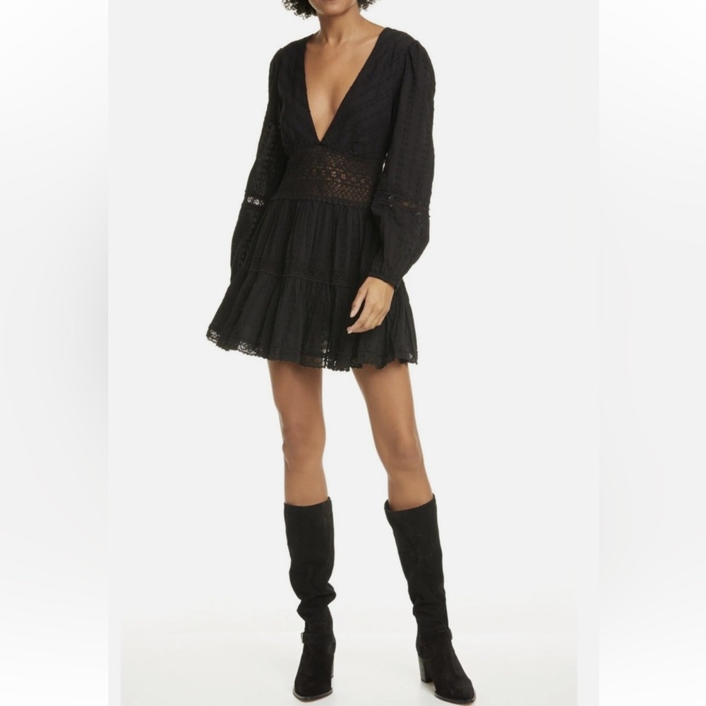 Free People 100% Cotton Delightful Lace Mini Dress Size 4 Black Long Sleeve Chic